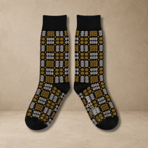 Welsh Tapestry Blanket Pattern Socks in GoldSoot
